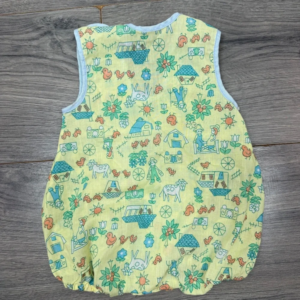 Vintage Baby Romper Farm Animal Print Yellow Cotton One‑Piece 3–6M Cottagecore